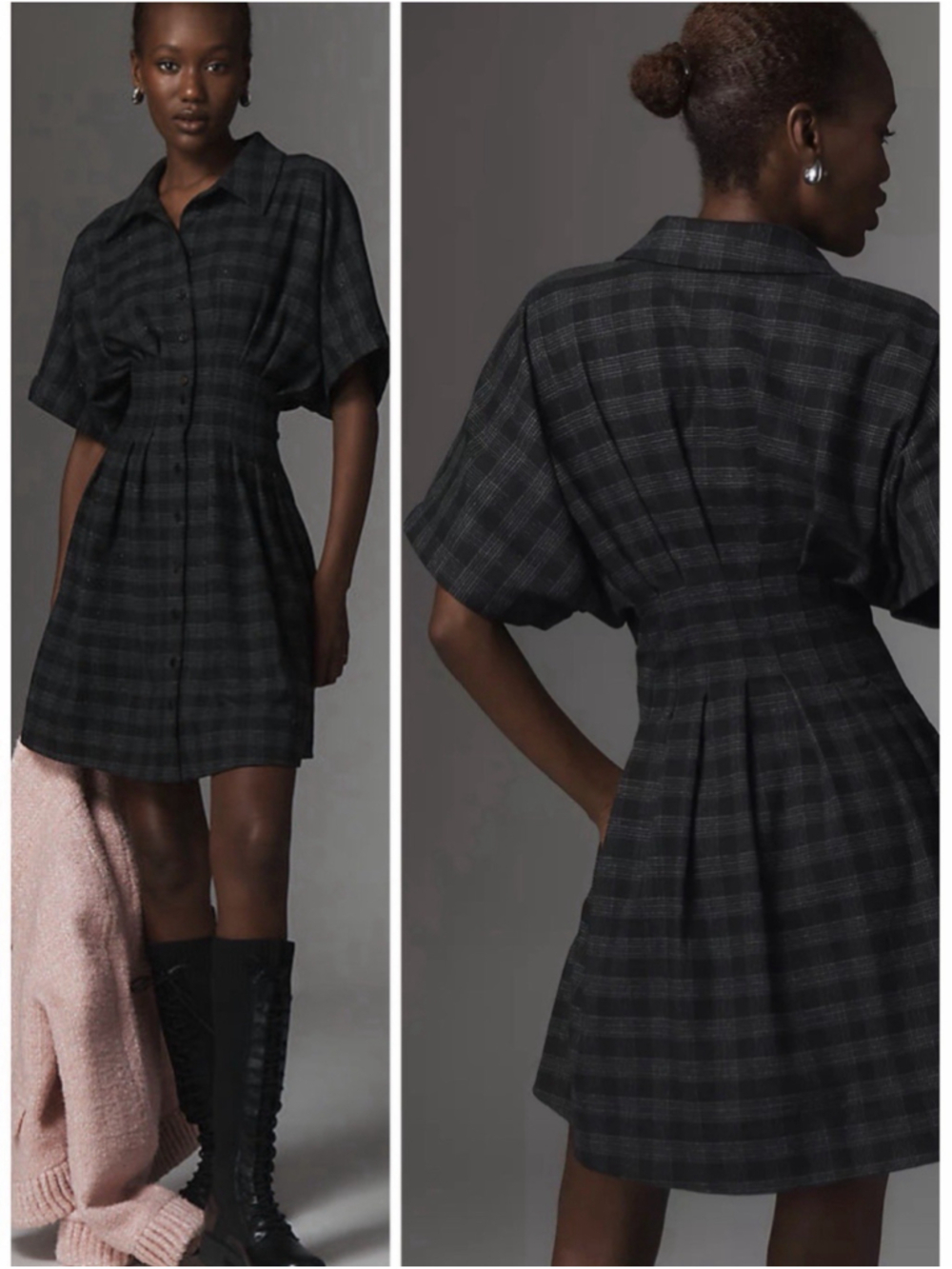 Anthropologie Exquisite Tobie Mini Shirt Dress XL Black Gray Plaid Shimmer Jewel